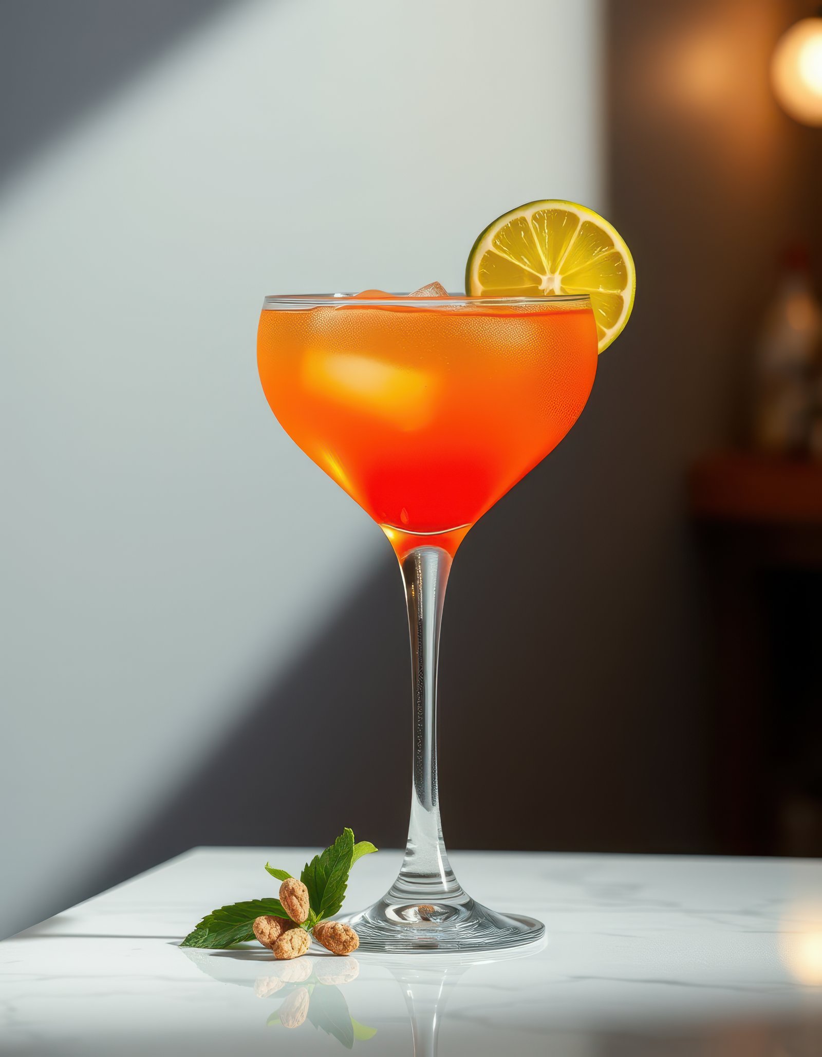 A refreshing cocktail garnished with a lime wedge sits on a marble table in a dimly lit bar